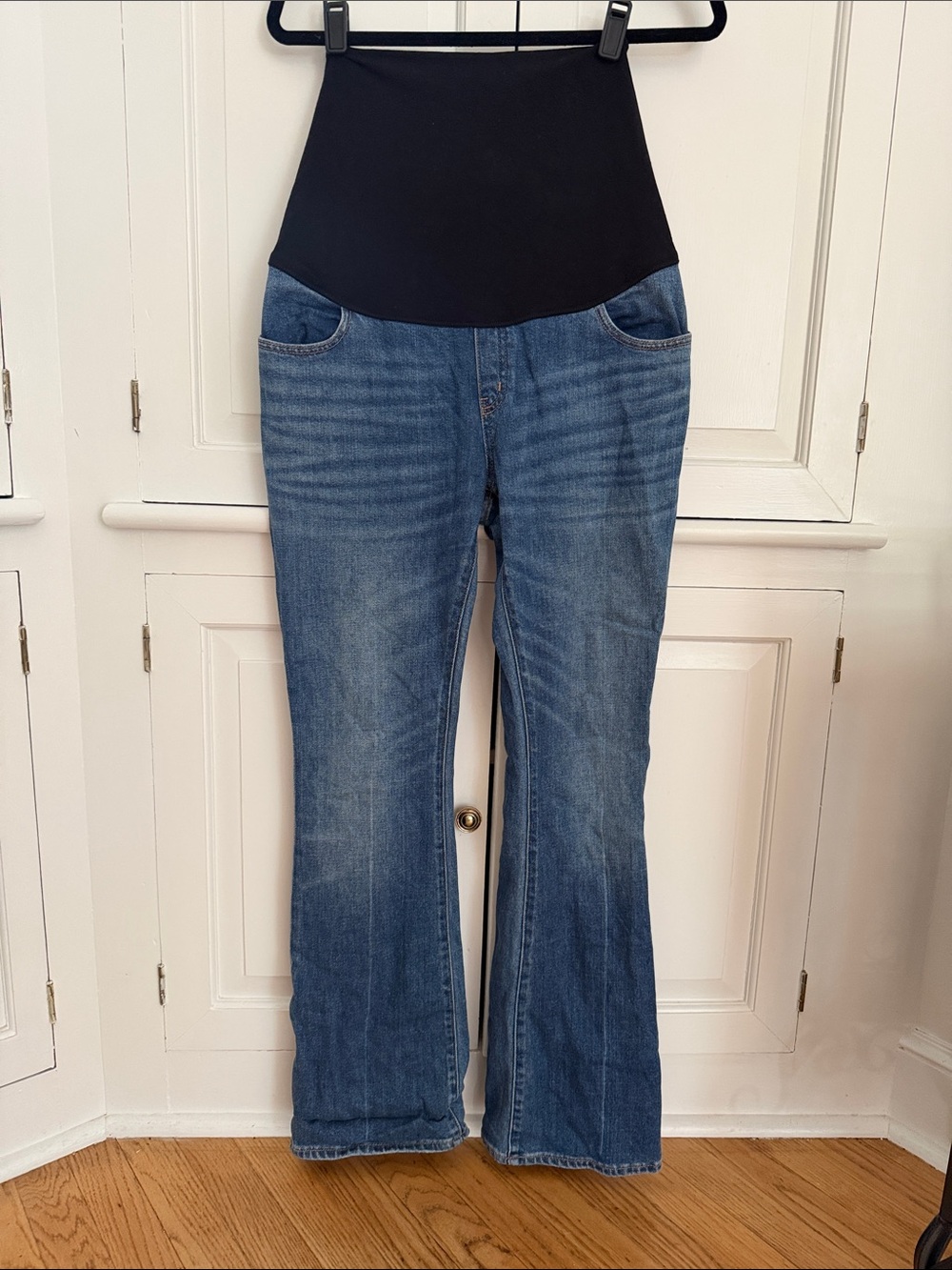 Hatch Blue Denim Flare Maternity Jeans with Black Knit Waistband